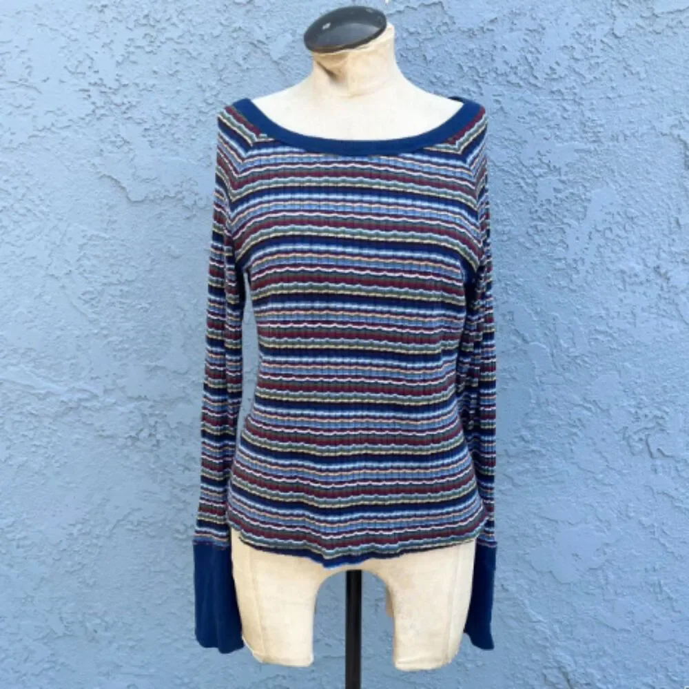 Free People Donna Striped Tee Grunge Top Navy Large